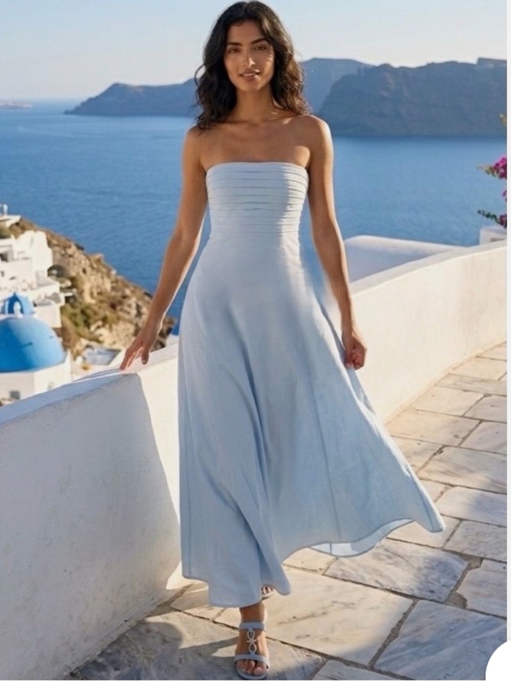 NEW💙Caroline Constas Strapless Linen Blend Dress Light Blue$297 linedw/pockets
